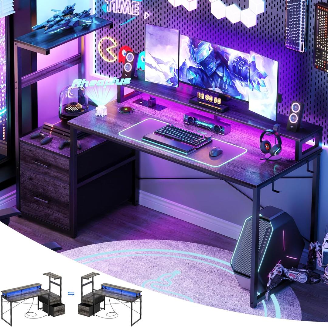 Aheaplus Gaming Desk with LED Strip & Power Outlet, 59Inch Reversible Computer Desk with Monitor Stand & Storage Shelves, Home Office Desks with Fabric File Drawer, Gamer Table PC Desk, Black Oak