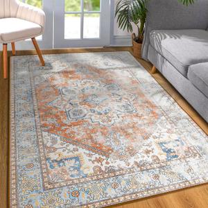 YJ.GWL Area Rug for Living Room, 4x6 Machine Washable Boho Rug for Bedroom, Low Pile Lightweight Thin Rugs Floral Vintage Distress Print Pattern Carpet for Dining Room, Brick
