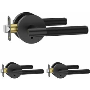 Amerdeco 3 Pack Matte Black Door Handles Interior, Knurled Privacy Door Handles with Lock,Heavy Duty Black Door Lever for Bedroom or Bathroom,Reversible Keyless for Left Right Handed Doors