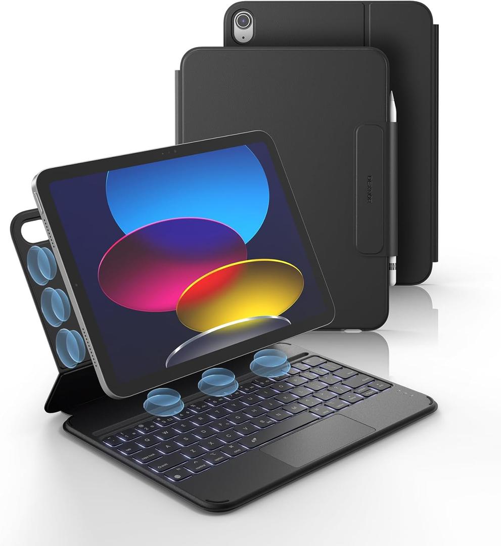 Dexnor for iPad (A16) 11th/10th Generation Case with Keyboard Ultra-Thin Magnetic Folio Keyboard Case Trackpad Pencil Holder Backlit Rechargeable for iPad A16 11" 2025/10th Gen 10.9" 2022, Black