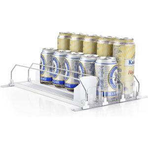 OTraki Drink Organizer for Fridge, 3 Rows Soda Can Drink Dispenser for Refrigerator Space-Saving Can Holders Dispenser with Automatic Pusher Glide and Adjustable Width, Hold up to 15 Cans, Clear