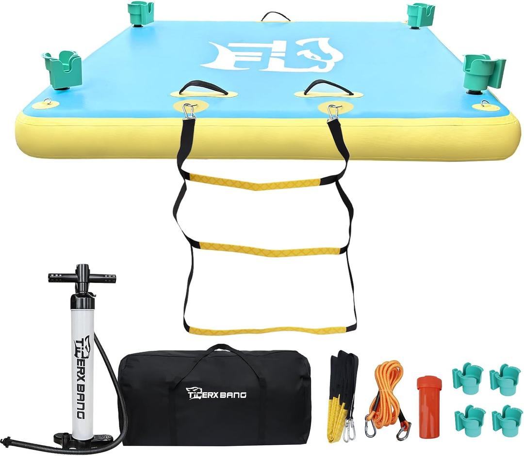 TGERXBANG Inflatable Floating Dock with Cup Holder Swim Air Platform Multi-People Floating Island for Lake Pond Pool Beach Ocean, 6ft/8ft