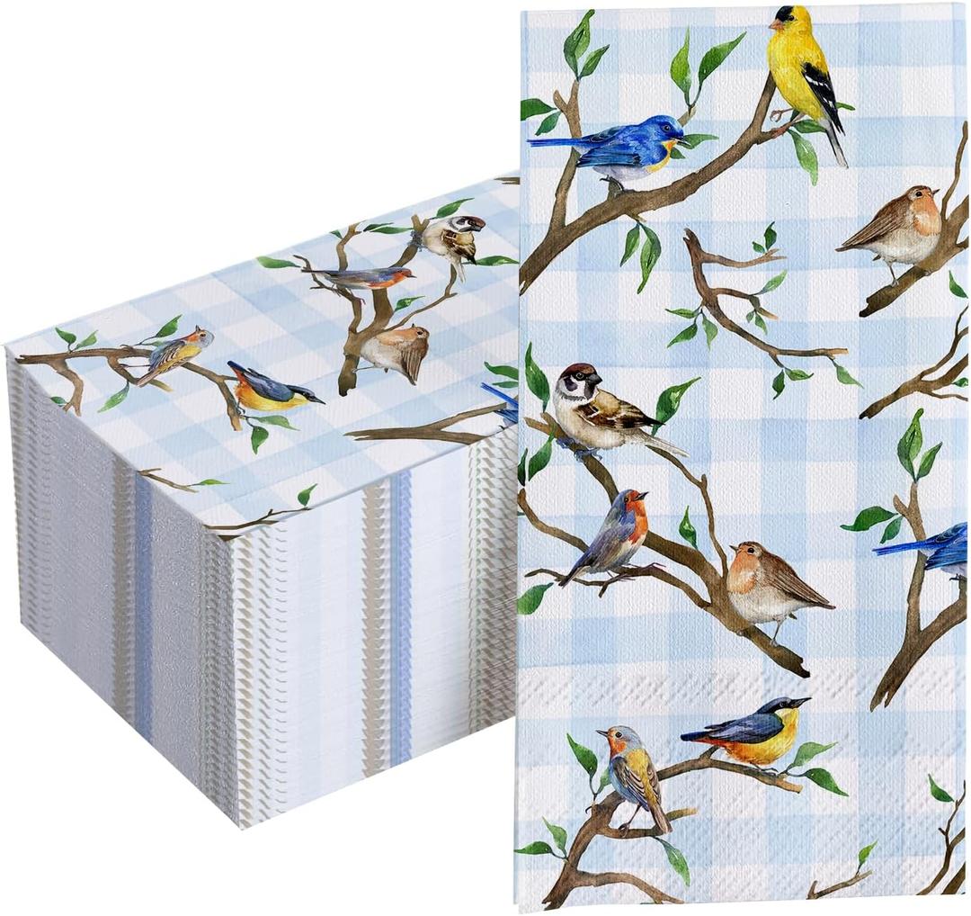 100 PCS Spring Birds Paper Napkins, Bluebird Goldfinch Chickadee Branches Hand Towels Decorative Disposable Dinner Guest Napkins, Plaid Farmhouse Kitchen Dinning Table Party Decor 8 x 4 Inch