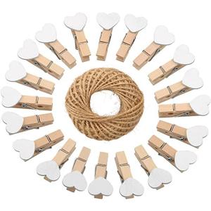 jijAcraft 100Pcs Clothespins with String, 1.4Inch Wooden Clothes Pins with Heart, White Heart Clips, Mini Photo Clips with 98Ft Jute Twine, Craft Clips for Baby Shower, Wedding, Birthday