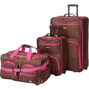 Rockland Vara Softside 3 Piece Upright Luggage Set, Expandable, (20"/28"/22" Rolling Duffel), Pink Leopard