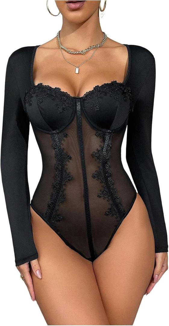 SweatyRocks Women's Sheer Lace Mesh Long Sleeve Underwire Corset Bodysuit Going Out Tops, S