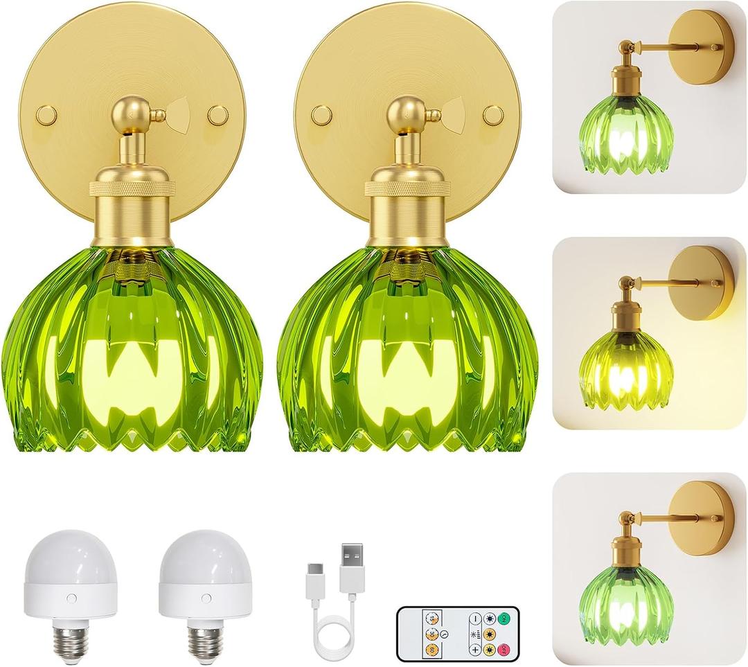 Vintage Battery Operated Wall Sconce Set of 2, Wireless Wall Sconce with Green Tulip Glass Shade, Rechargeable & Remote Control Wall Lamp for Living Room, BedroomHallway Wall Decor Lights