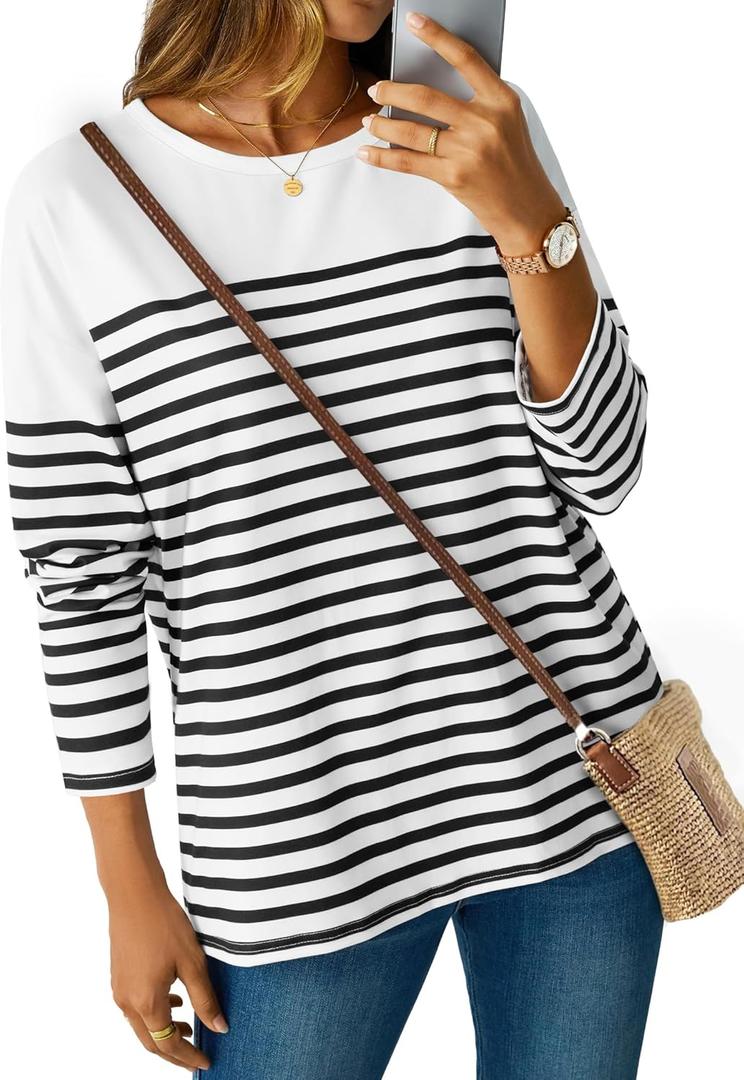 LilyCoco Womens Oversized Striped Shirt Color Block Crewneck Long Sleeve T Shirt White X-Large (XL)