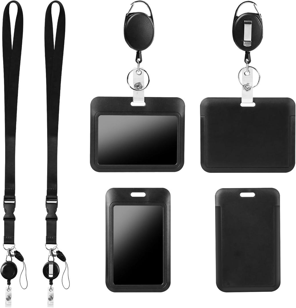 4Pack Badge Holders with Retractable 2Pcs Round &Oval Reels&Lanyards (Black 2Vertical 2Horizontal Holder 4Reel 2Lanyard, Black-5)