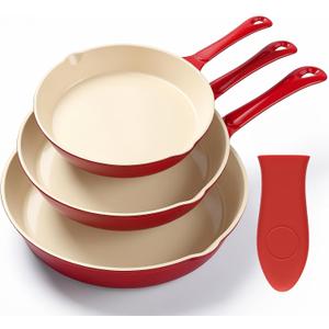 Enameled Cast Iron Skillet 3-Piece Set, Nonstick Heavy-Duty 11", 10", 8.6" Frying Pan, Oven & Induction Safe, Cookware for Gas, Electric, Ceramic Stovetops, Red