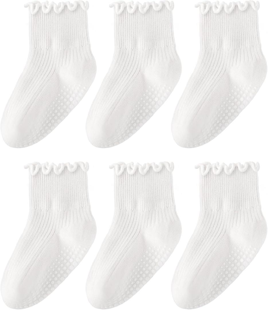 HONGTEYA 5 Pairs Toddler Ruffle Socks for Girls Non Slip Baby Socks with Grips for 1-2 Years 3-4 Years 5-6 Years Girls Boys