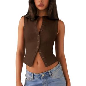 Womens Ribbed Tank Top Summer Sleeveless Button Down T Shirts Going Out Tops Cute Trendy Work Vest Casual Y2K Crop Top (Brown, S)