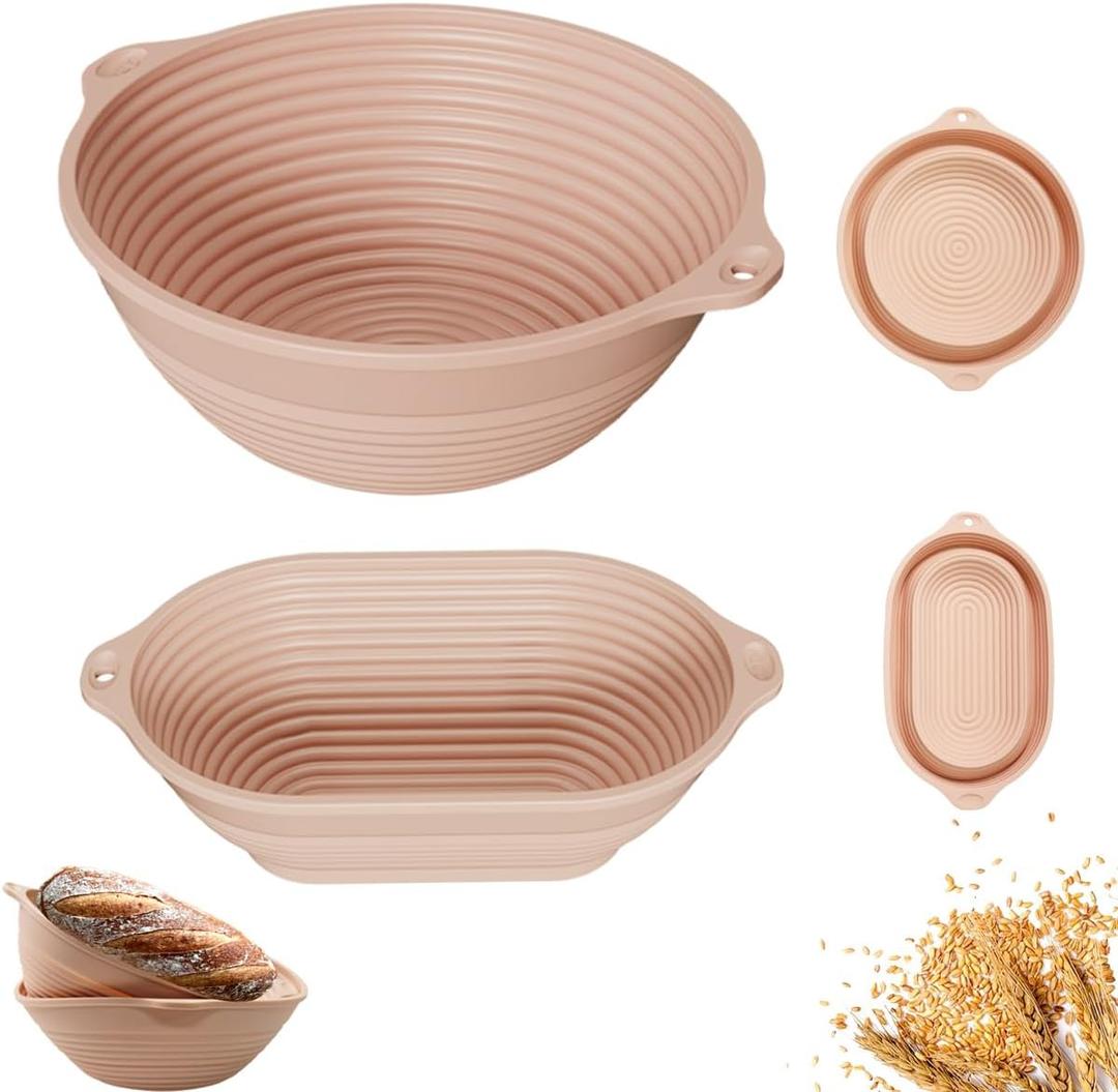 Silicone Banneton Basket,9-10 inch Silicone Bread Proofing Basket,2 Pack Sourdough Baking Supplies Collapsible Proofing Bowl for Home Baking & Beginners making (Round Pink+Oval Pink)