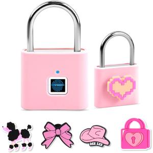 UMIKSMART Fingerprint Padlock with Silicone Protective Cover & Charm, Smart Keyless Padlock for School Locker, Gym Locker, Backpack and Travel Bag, Gift for Kids, Teens and FriendsSweet Pink Set