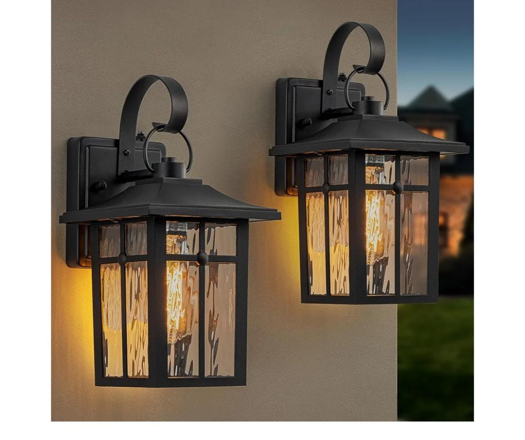 2 Pack Dusk to Dawn Outdoor Wall Lights, Aluminum Exterior Light Fixtures Wall Mount with Ripple Glass, Waterproof Black Porch Lights, Outside Wall Lantern for Entryway, Garage, Patio