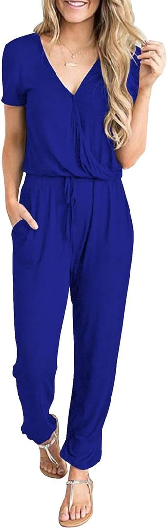 PRETTYGARDEN Jumpsuits for Women 2026 Spring Summer Casual Dressy Short Sleeve Romper Airport Vacation Travel Outfits (Blue, L)