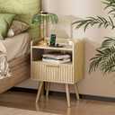 Huuger Nightstand with Charging Station, USB-C Port, Fluted Night Stand Set of 2, Bed Side Table with Drawer, Solid Wood Feet, Open Storage, End Table with Raised Edge, for Bedroom, Natural, 15.7 inches x 11.8 inches x 23.6 inches