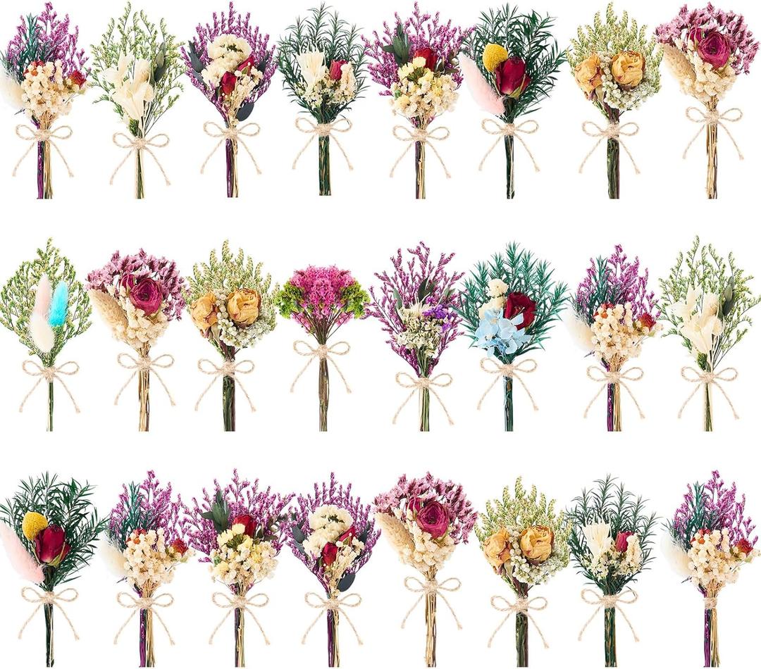 12/24 PCS Charming Dried Flowers Bouquet for Vase Various Dried Wildflowers with Stems Mini Handmade Wildflowers Natural Real Flowers Bulk Flowers Craft (Romantic Colour, 24 PCS)