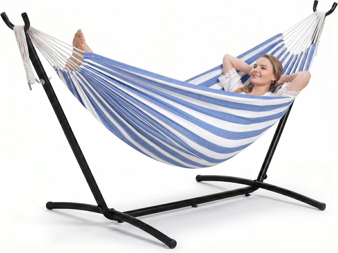 SUNCREAT Portable Outdoor Hammock with Stand Included, Blue Stripes
