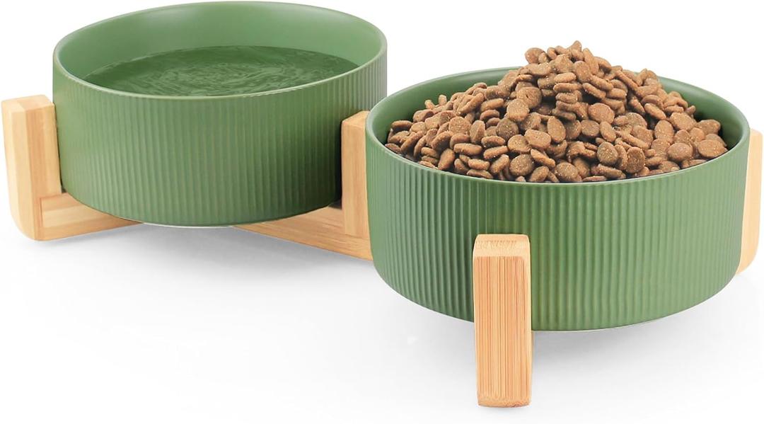 Ptlom Ceramic Pet Bowls for Dog and Cat, No Spill Dog Food and Water Bowl Set with Anti-Slip Wooden Stand, Riased Puppy Feeding Dishes Suitable for Small, Medium and Large Cats Dogs, Green 28 OZ 