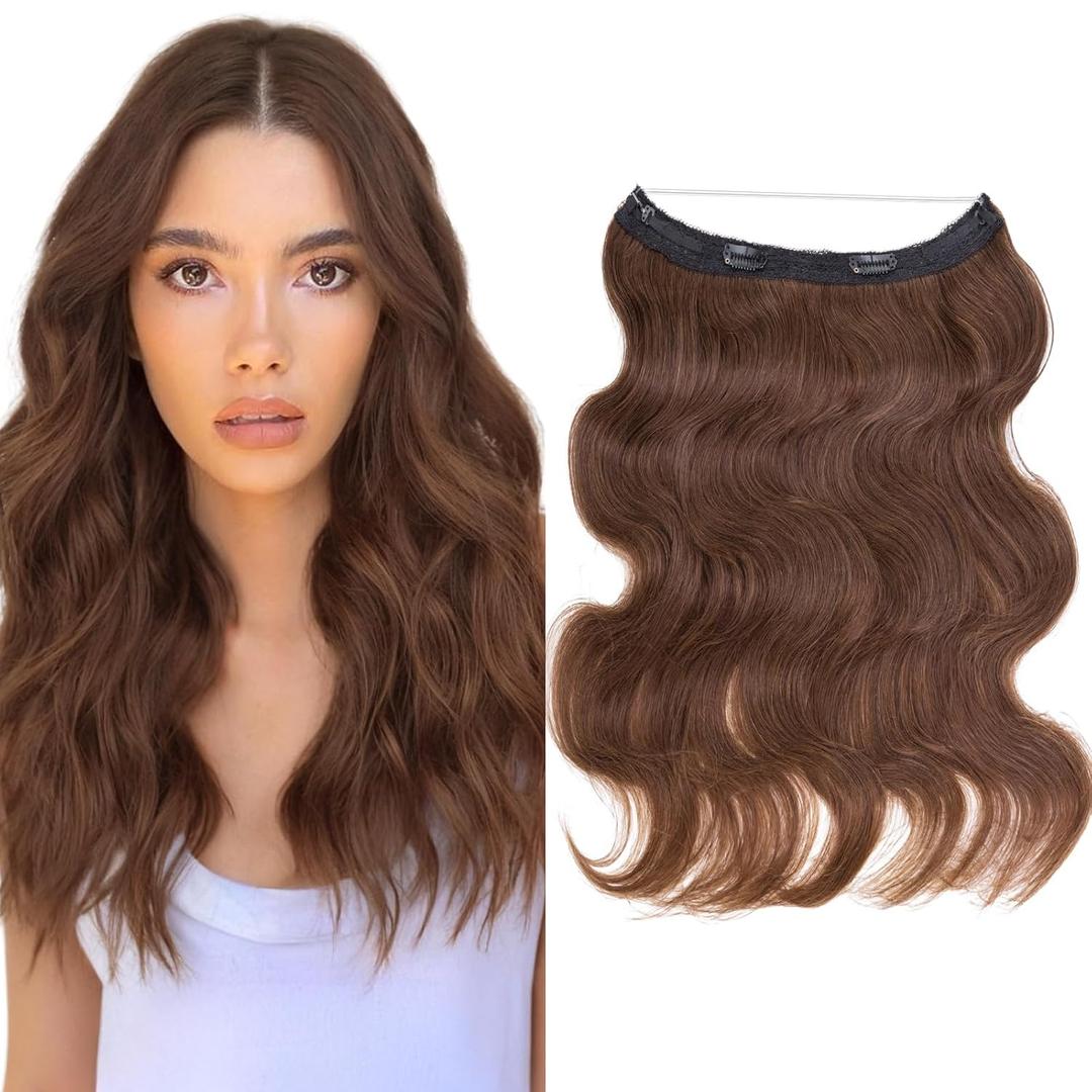 Wavy Halo Hair Extensions Real Human Hair Medium Brown 20 Inch