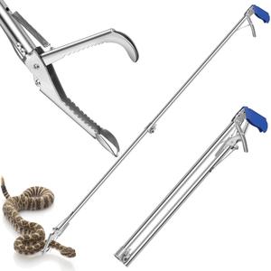 60“ Professional Collapsible Snake Grabber Tool, Stainless Steel Snake Catcher Pole with Heavy-Duty Grabber Heads, Tongs, and Hook Mechanisms for Safe Reptile Control in Gardens or Farms