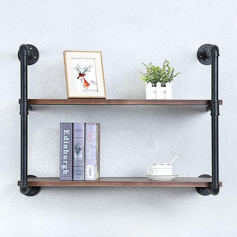 Industrial Pipe Shelving Wall Mounted,30in Rustic Metal Floating Shelves,Steampunk Real Wood Book Shelves,Wall Shelf Unit Bookshelf Hanging Wall Shelves,Farmhouse Kitchen Bar Shelving(2 Tier)