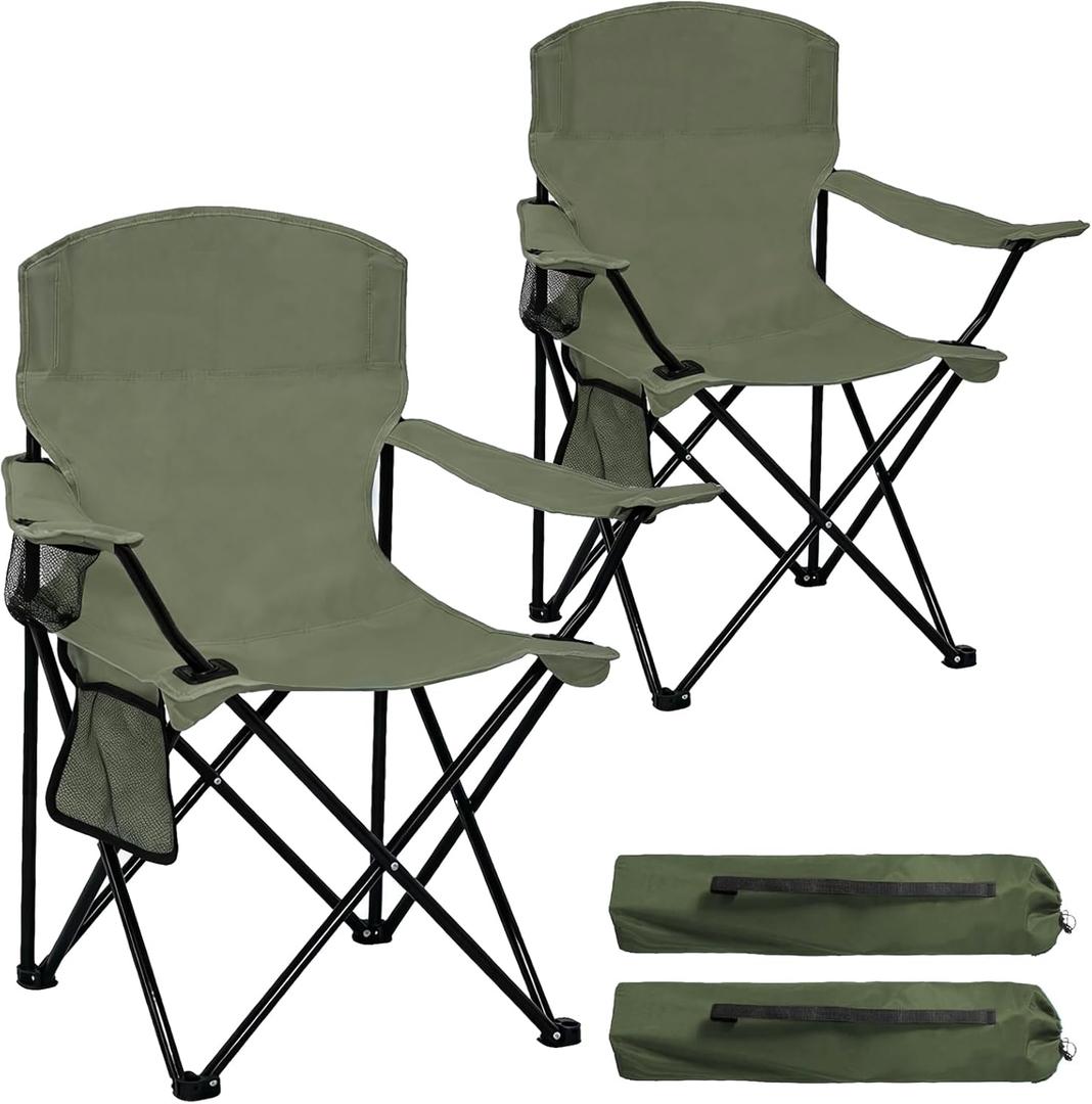 2 Pack Folding Camping Chair with Cup Holder & Side Storage Bag 300lbs Capacity Lightweight High Back Portable for Beach, Picnic, Sport, Green