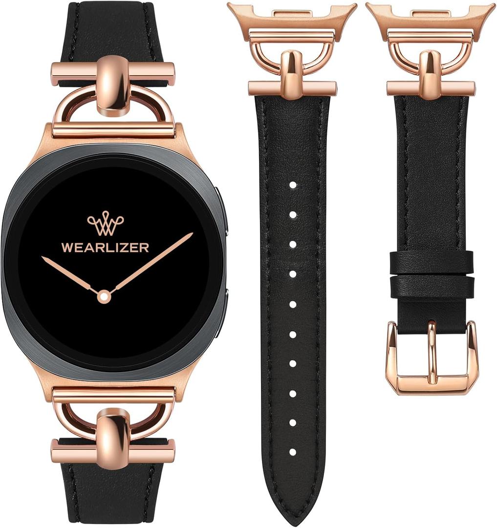 Wearlizer Leather Bands Compatible with Samsung Galaxy Watch 8 Band 40mm 44mm/Watch 8 Classic 46mm, Dressy Designer Slim Leather Strap Wristband Accessories with D-Shape Metal Buckle for Women (Black/Rose Gold)