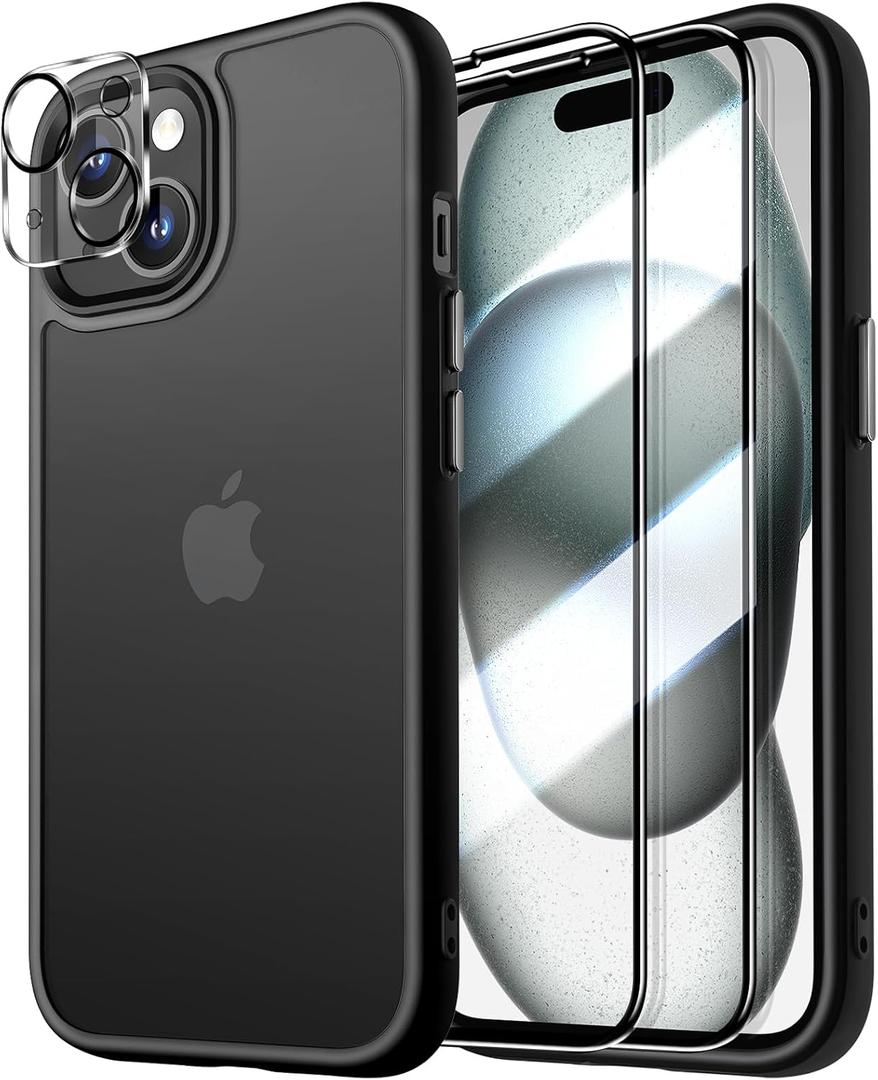 Dssairo for iPhone 15 Plus Case, with 2X Screen Protectors + 2X Camera Lens Protectors, [15FT Military Grade Protection] Anti-Fingerprints Anti-Scratch Translucent Matte Backfor (Black)