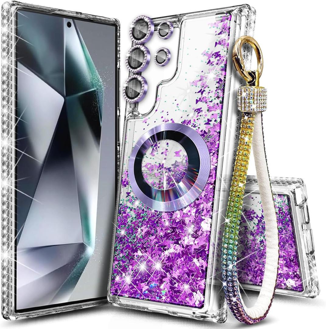NGB Designed for Samsung Galaxy S24 Ultra Case, Purple | Magnetic Compatible with MagSafe | Glitter Liquid Sparkle Cute Cover for Women Girls | with Camera Lens Protector & Wrist Strap