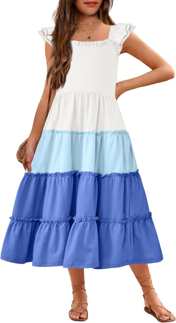 Arshiner Girls Maxi Summer Short Flutter Sleeve Casual Dress with Pockets for 4-14 Y (12-13 Years, White & Blue) Arshiner Girls Maxi Summer Short Flutter Sleeve Casual Dress with Pockets for 4-14 Y (12-13 Years, White & Blue)