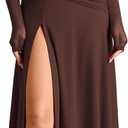 KUTUMAI Long Sleeve Slit Formal Dresses for Women 2025 Fall Wedding Guest Cocktail Party Modest Ruched Maxi Dress, Large
