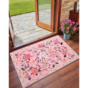 Macgace 2x3 Pink Floral Rug for Entryway, Flowers Printed Washable Small Rugs with Non Slip Backing for Girls Bedroom Kitchen, Cute Throw Carpet Front Door Entry Decor
