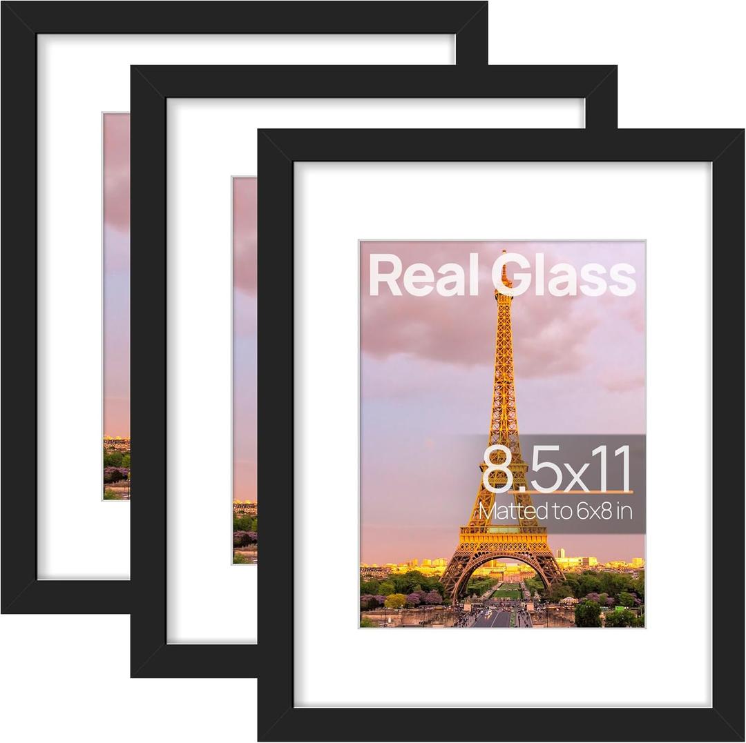 Upsimples 8.5x11 Picture Frame Set of 3, Made of High Definition Glass for 6x8 with Mat or 8.5x11 Without Mat, Wall and Tabletop Display Photo Frames, Black