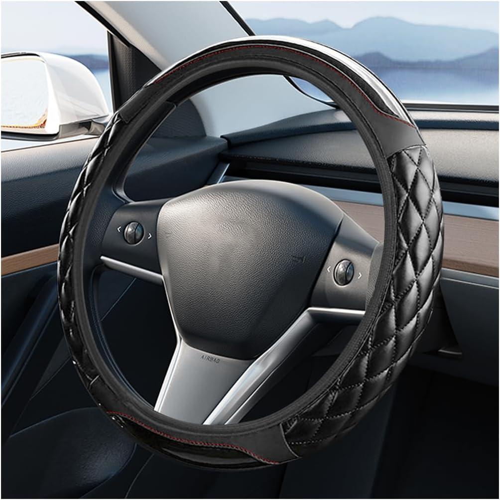 Car Steering Wheel Cover, 15 Inch Elastic Stretch Carbon Fiber Leather Anti-Slip Steering Wheel Protector, Automotive Interior Protective Accessories, Universal for Vehicles (Black)