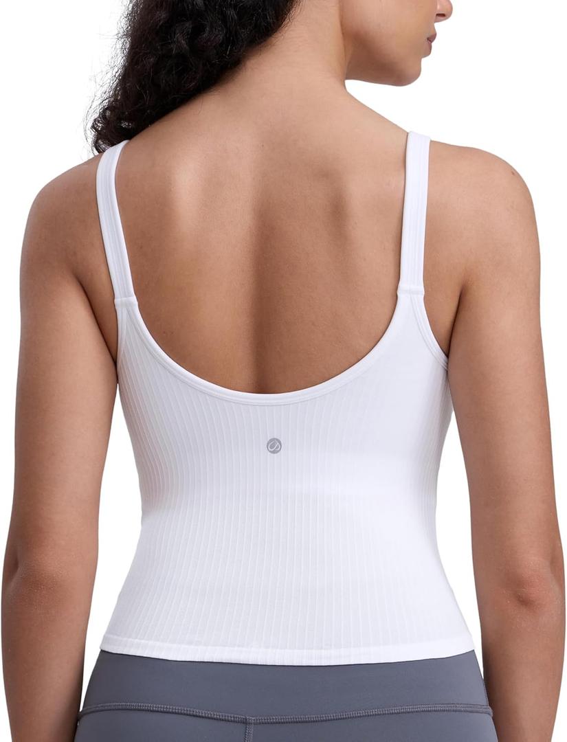 CRZ YOGA Seamless Womens U Neck Longline Sports Bra - Thin Strap Padded Workout Crop Tank Ribbed Open Back Yoga Camisole Top (White, XL)