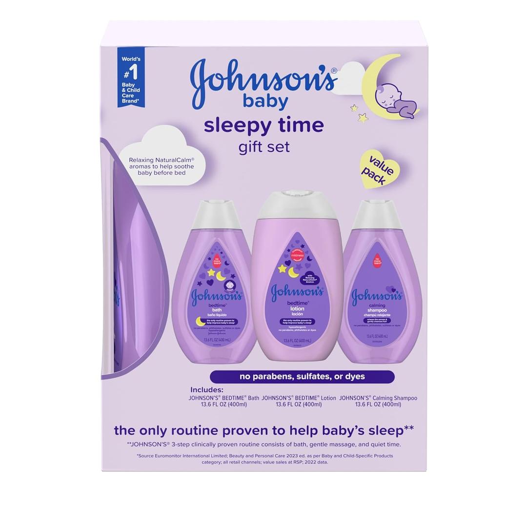 Johnson's Baby Sleepy Time Bedtime Gift Set with Relaxing NaturalCalm Aromas, Bedtime Baby Bath Shampoo, Wash & Lotion, Baby Bedtime Essentials, Hypoallergenic & Paraben-Free, 3 Items (Small)