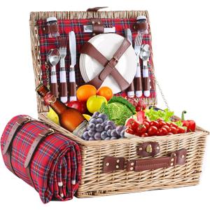 Wicker Picnic Basket for 4 with Waterproof Picnic Blanket and Insulated Cooler, Willow Hamper for Camping, Outdoors, Photoshoot, or a Birthday, Valentines Day, Wedding Gift (Red Grid)