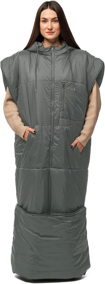 Adult Wearable Sleeping Bag with Hoodie, Sleeveless Design Adjustable Drawstring Waterproof Wearable Sleeping Bag Ideal for Camping, Cold Weather