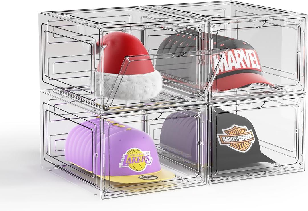 Hat Organizer Box for Baseball Caps, 4 Pack Clear Plastic Hat Storage Box, Hat Holder for Closet, Hat Display Case with Magnetic Door, Hat Rack, Snapback Organizer, Hat Case, Hold 8 Cap Each