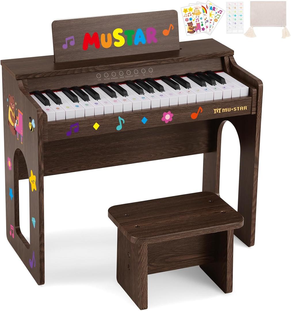 Kids Piano Keyboard, 37 Keys Wooden Digital Piano for Kids with Bench,Song Book, DIY Stickers, Cover, Education Creative Musical Instruments Toy for Boys & Grils Gifts, Compact
