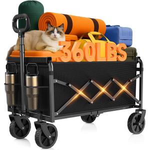 Wagons Carts Foldable, Collapsible Wagon, Folding Wagon Cart with Wheels, Wagons Carts Foldable 360 Lbs - Lightweight Portable Small Fold Up for Camping, Travel, Sports, Grocery, Shopping, Black