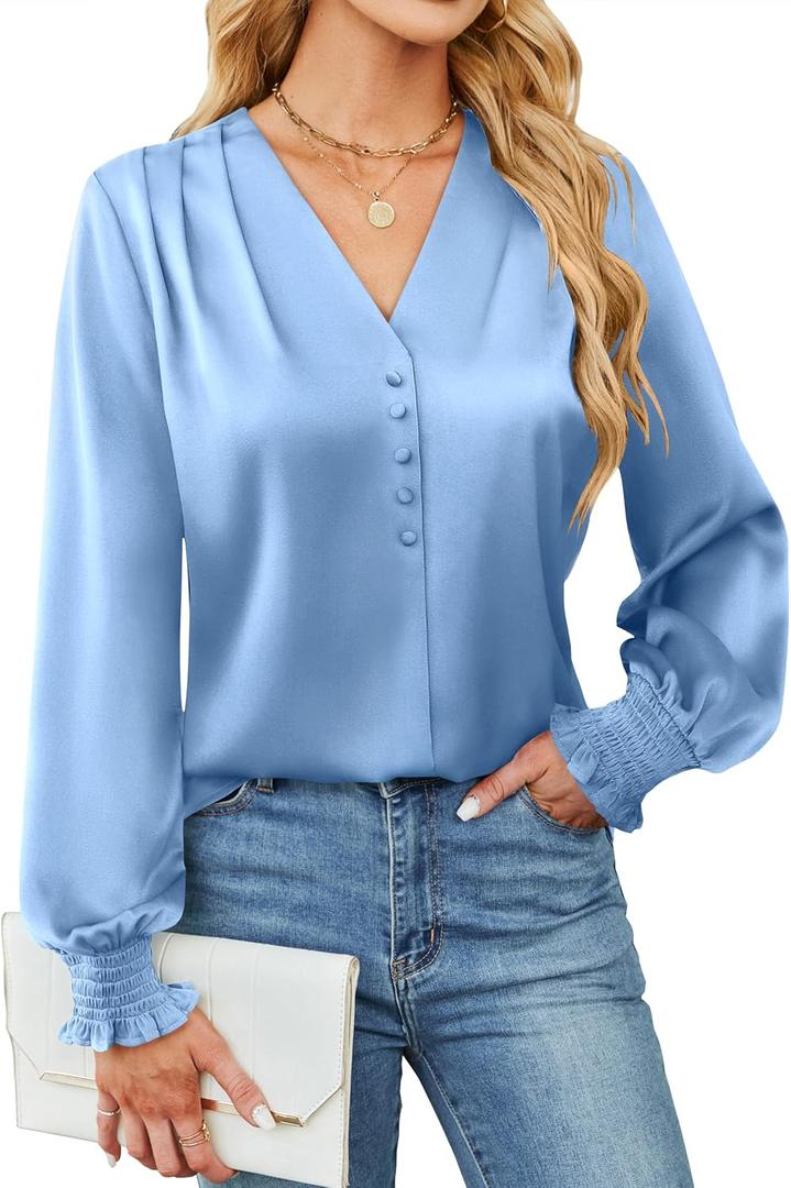 BMJL Women's Blouses Dressy Casual Satin Silk Long Sleeve Shirts Business Casual Tops (Baby Blue) S