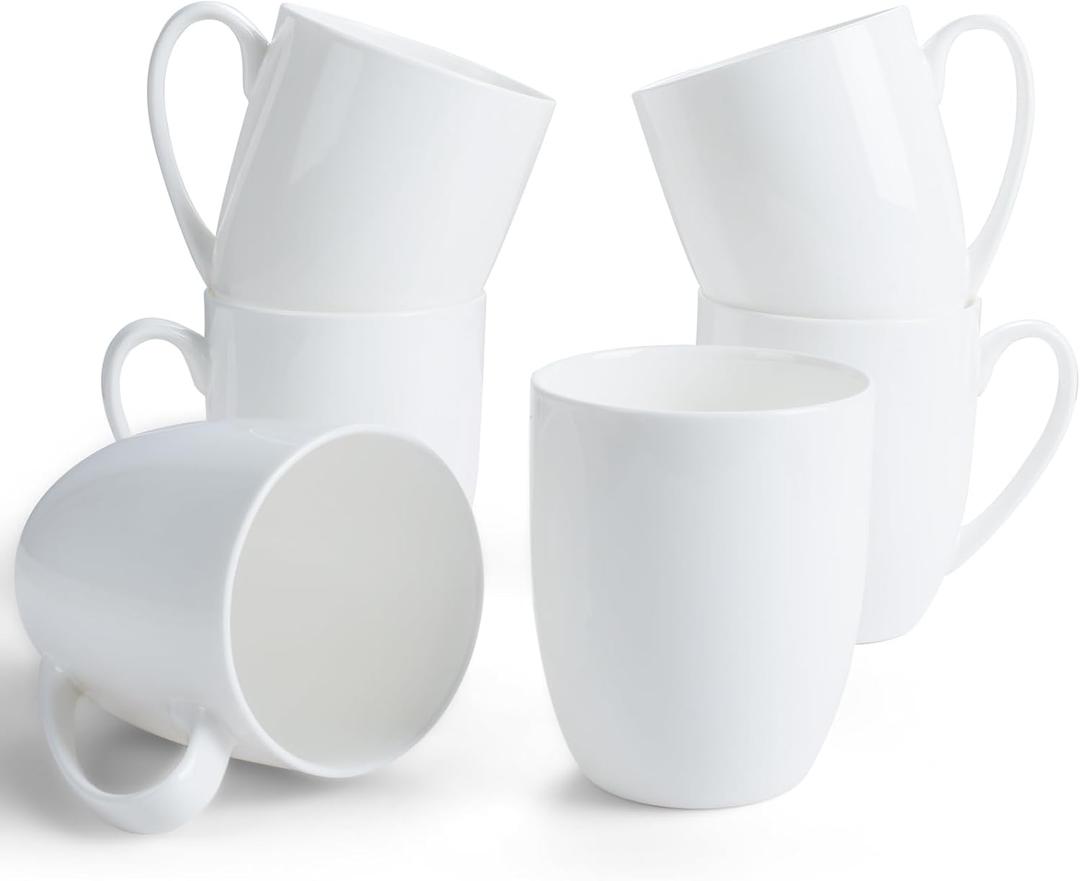 White ceramic coffee mugs, 14OZ porcelain mugs, Set of 6 with handle for hot cocoa, tea, milk, Cappuccino, Bone China