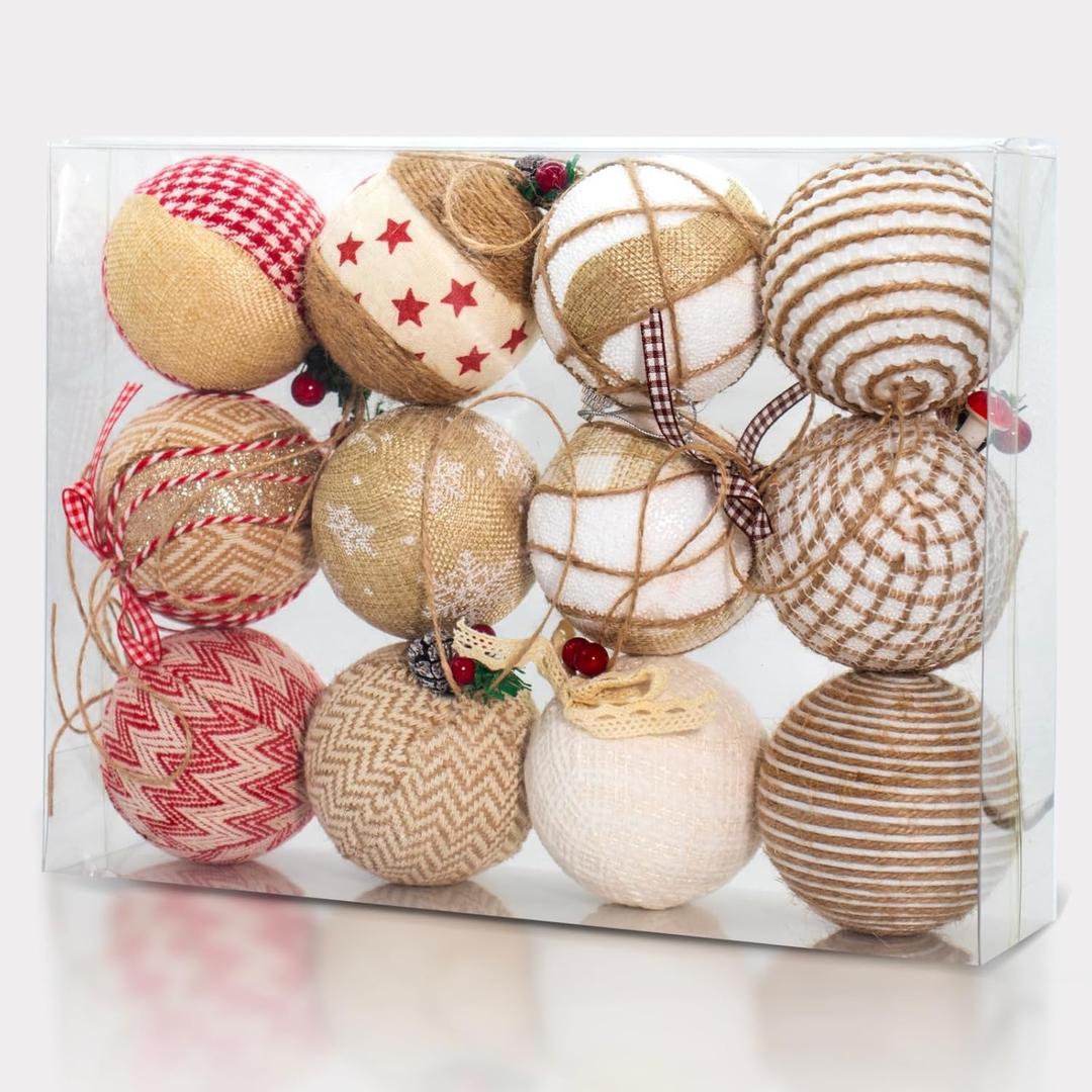 12 Pcs Burlap Christmas Ball Ornaments, 3.15 Inches Rustic Christmas Tree Decorations, Large Shatterproof Vintage Farmhouse Natural Jute Xmas Ornaments for Christma Tree, Home Decor, Party
