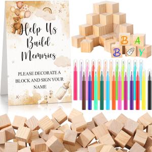 125 Pcs Baby Shower Decorate a Block Game Set Includes Help Us Build Memories Sign 100 DIY Blank Wooden Block 24 Paint Marker Prize for Wedding Baby Shower Game(Brown Bear)