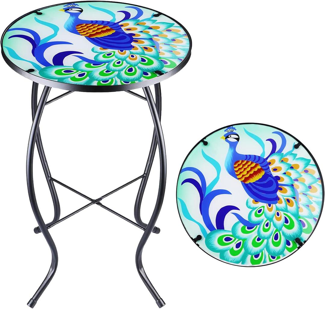14 Inch Small Outdoor Side Table with Colorful Peacock, Glass Mosaic Patio Table Indoor, Round Plant Coffee Table for Living Room, Balcony, Garden (1pcs)