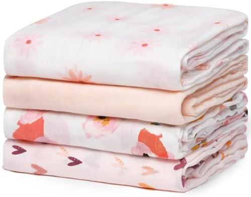 Momcozy Muslin Swaddle Blankets, 4 Pack Soft and Breathable Skin-Friendly Large 47 X 47 Inches Neutral Matching Baby Swaddling Receiving Blankets for Newborn Girls and Boys