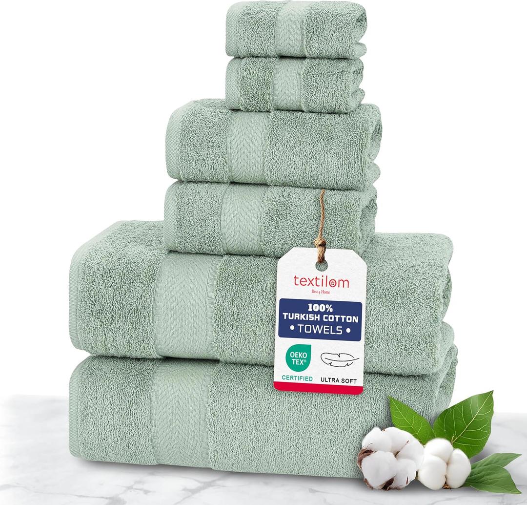 TEXTILOM 100% Turkish Cotton 6 Pcs Luxury Bath Towels, Soft & Absorbent Bathroom Towels Set (2 Bath Towel, 2 Hand Towel, 2 Washcloths)- Green (6 Pcs Towel Set)